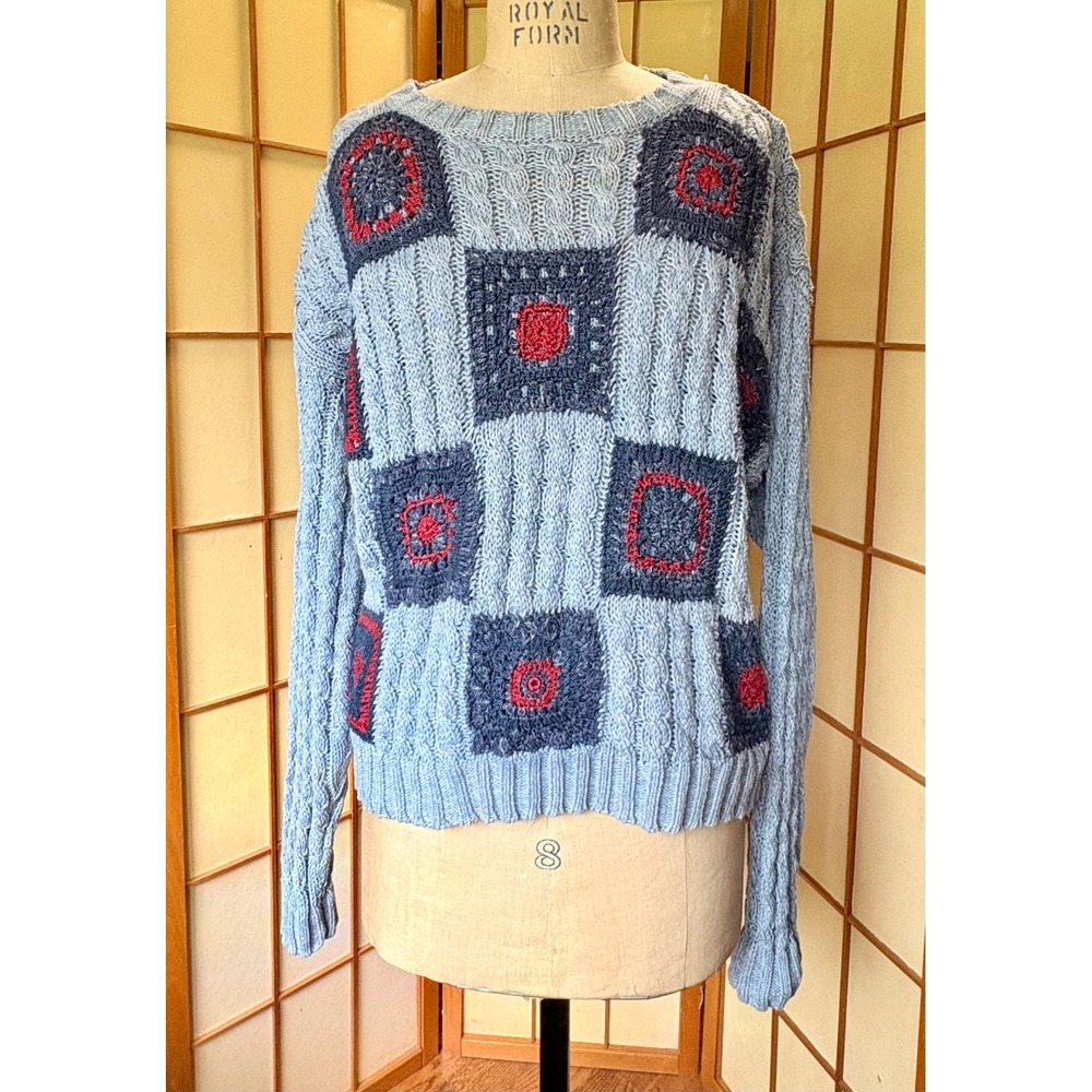 Lizwear Blue Cable Knit Crochet Patchwork Sweater Ramie Cotton Womens Small